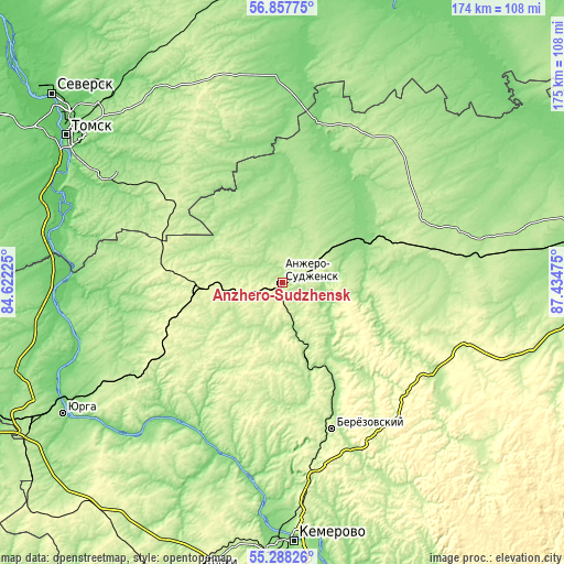 Topographic map of Anzhero-Sudzhensk