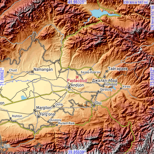 Topographic map of Paxtaobod