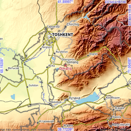 Topographic map of Olmaliq