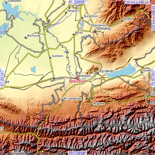 Topographic map of Bekobod
