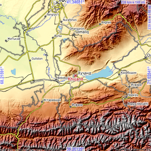 Topographic map of Khŭjand