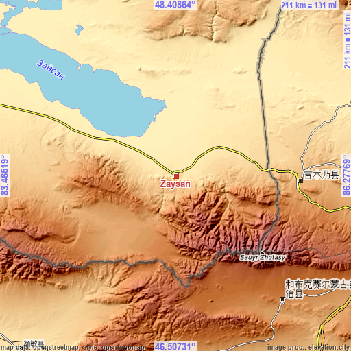 Topographic map of Zaysan