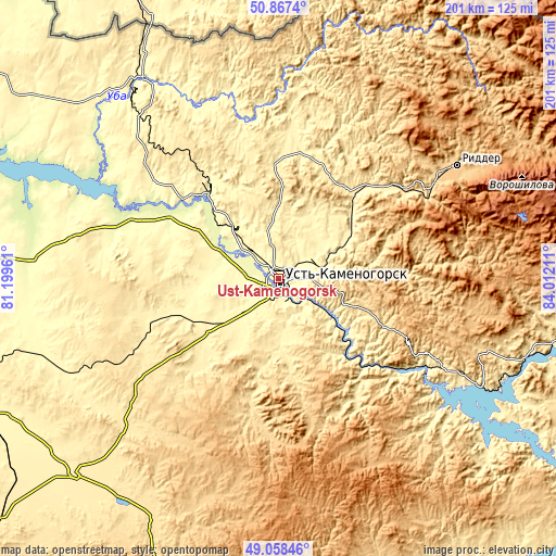 Topographic map of Ust-Kamenogorsk