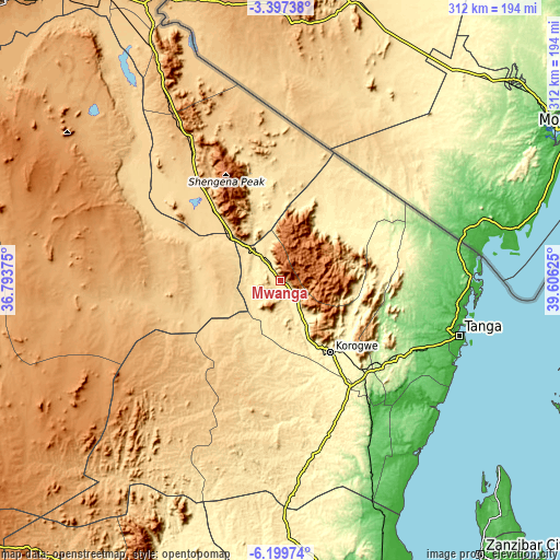 Topographic map of Mwanga
