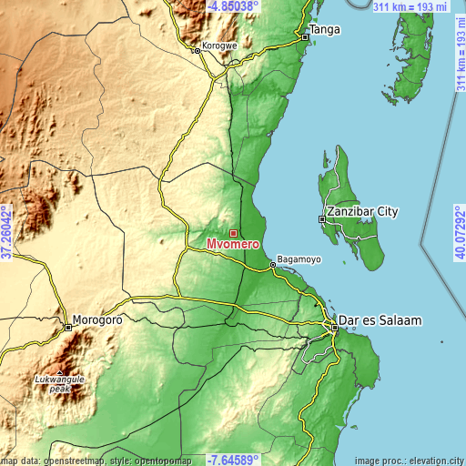 Topographic map of Mvomero