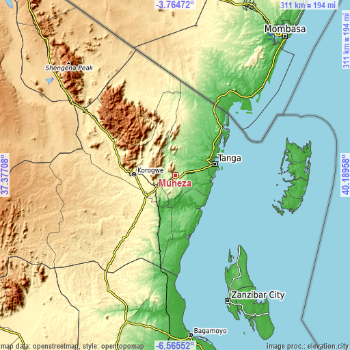 Topographic map of Muheza
