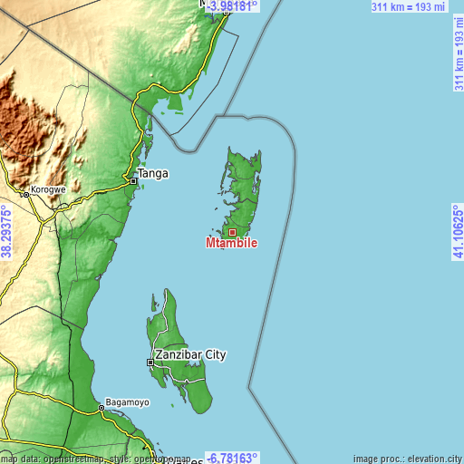 Topographic map of Mtambile