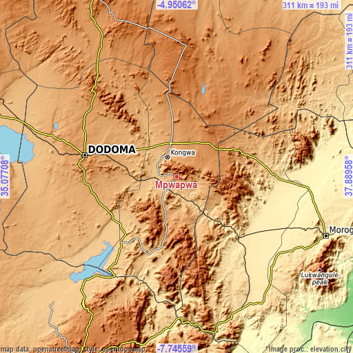 Topographic map of Mpwapwa