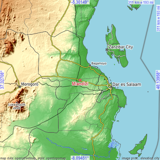 Topographic map of Mlandizi