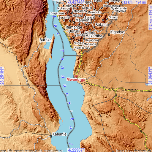 Topographic map of Mwandiga