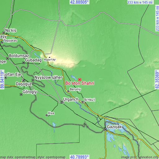 Topographic map of Bo‘ston Shahri