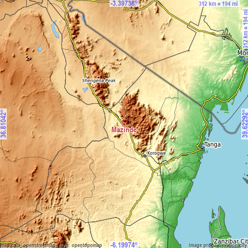 Topographic map of Mazinde