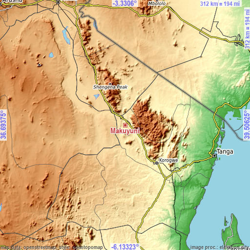 Topographic map of Makuyuni