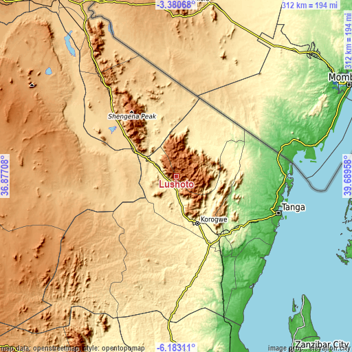 Topographic map of Lushoto