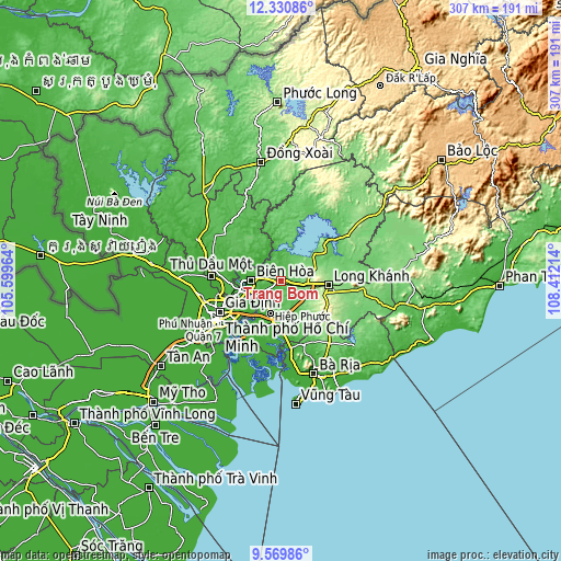 Topographic map of Trảng Bom