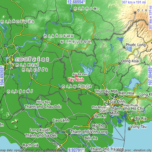 Topographic map of Tây Ninh