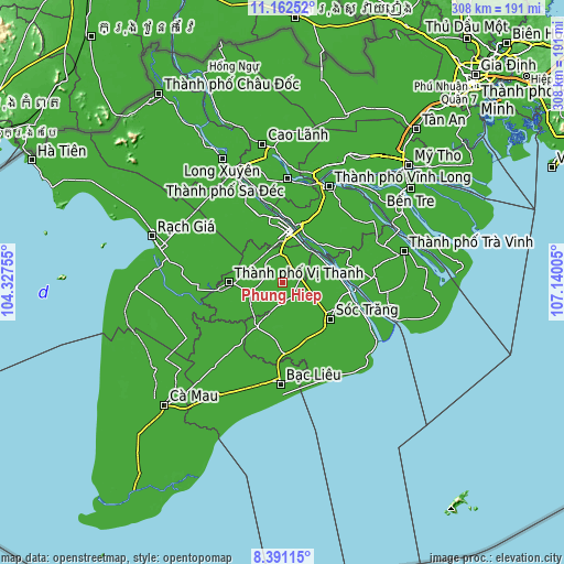 Topographic map of Phụng Hiệp