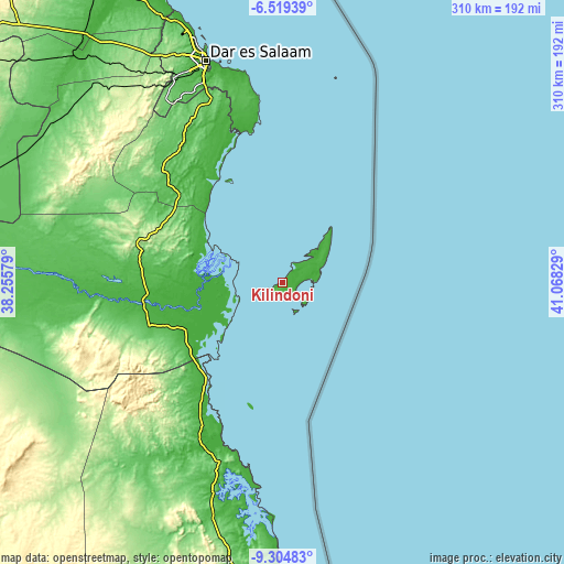 Topographic map of Kilindoni