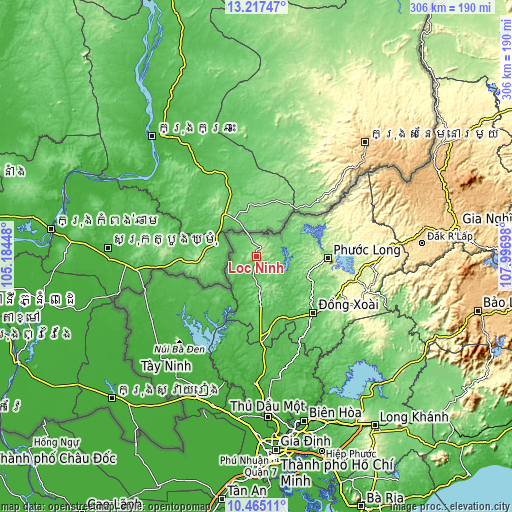 Topographic map of Lộc Ninh