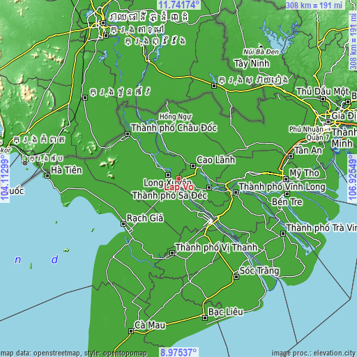 Topographic map of Lấp Vò