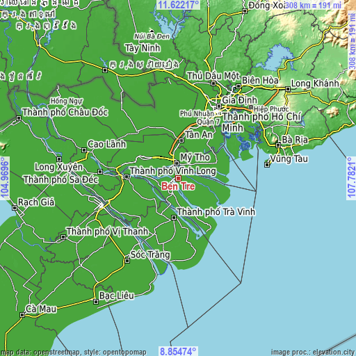 Topographic map of Bến Tre