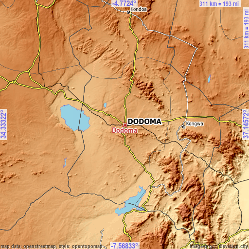 Topographic map of Dodoma