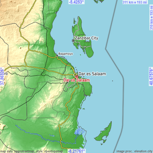 Topographic map of Dar es Salaam