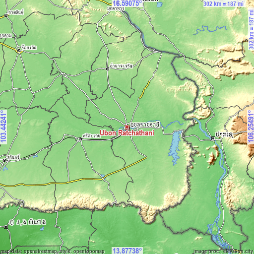 Topographic map of Ubon Ratchathani