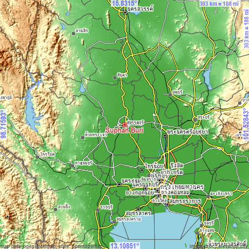 Topographic map of Suphan Buri