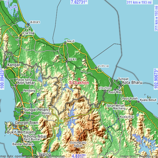 Topographic map of Si Sakhon