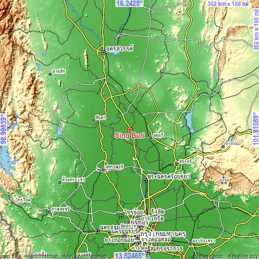 Topographic map of Sing Buri