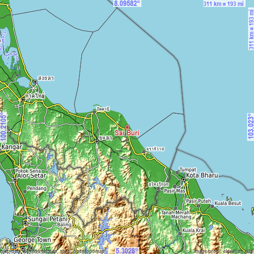 Topographic map of Sai Buri