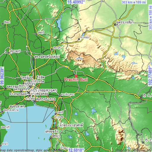 Topographic map of Prachin Buri