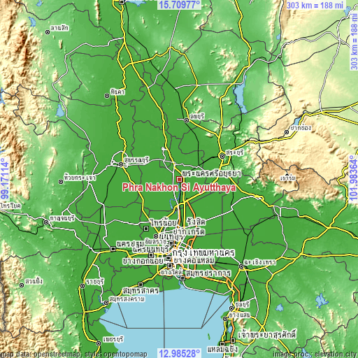 Topographic map of Phra Nakhon Si Ayutthaya