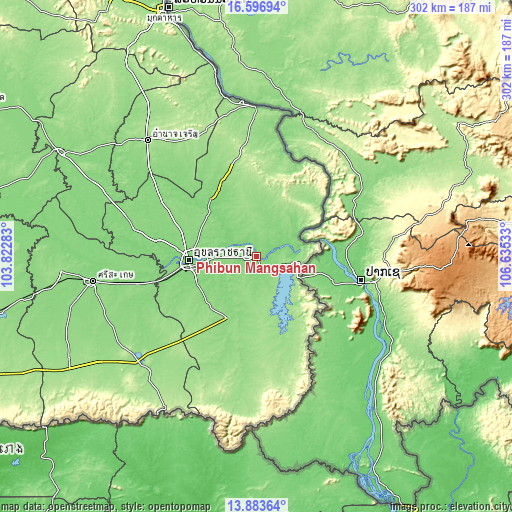 Topographic map of Phibun Mangsahan