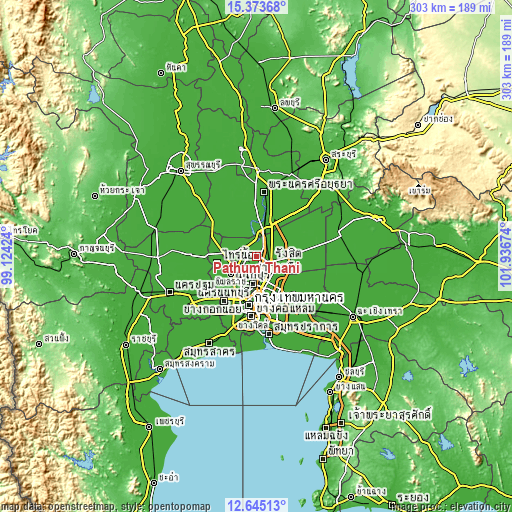 Topographic map of Pathum Thani