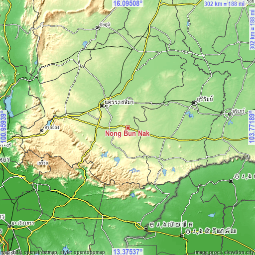 Topographic map of Nong Bun Nak