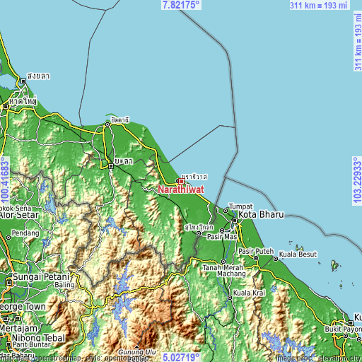 Topographic map of Narathiwat