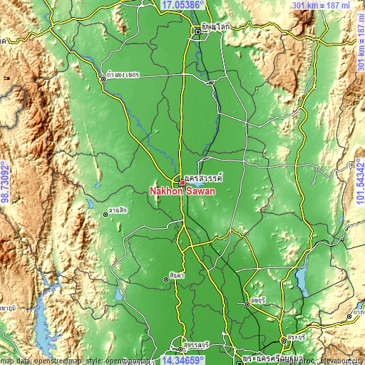 Topographic map of Nakhon Sawan