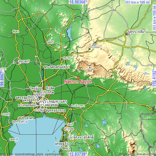 Topographic map of Nakhon Nayok