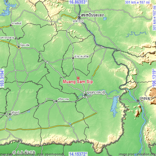 Topographic map of Muang Sam Sip