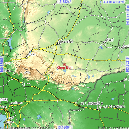 Topographic map of Khon Buri