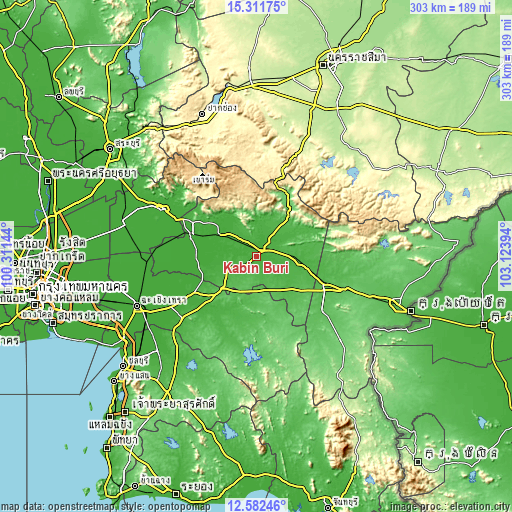 Topographic map of Kabin Buri