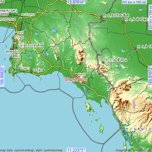 Topographic map of Chanthaburi