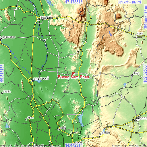 Topographic map of Bueng Sam Phan