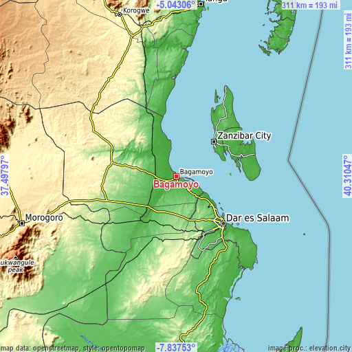Topographic map of Bagamoyo