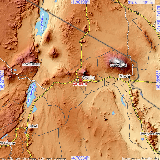 Topographic map of Arusha