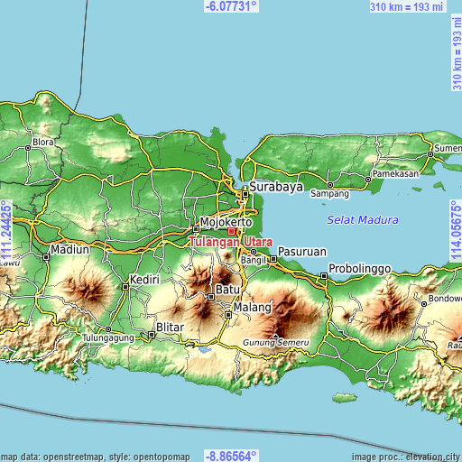 Topographic map of Tulangan Utara