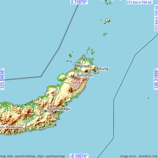 Topographic map of Tondano