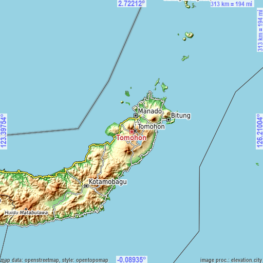 Topographic map of Tomohon